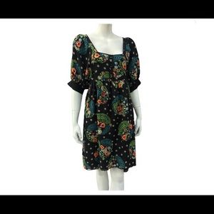 Anthropologie Maeve SILK Black Colorful Floral Poppy Babydoll Dress